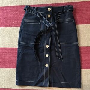 Navy Button-Front Skirt with Belt